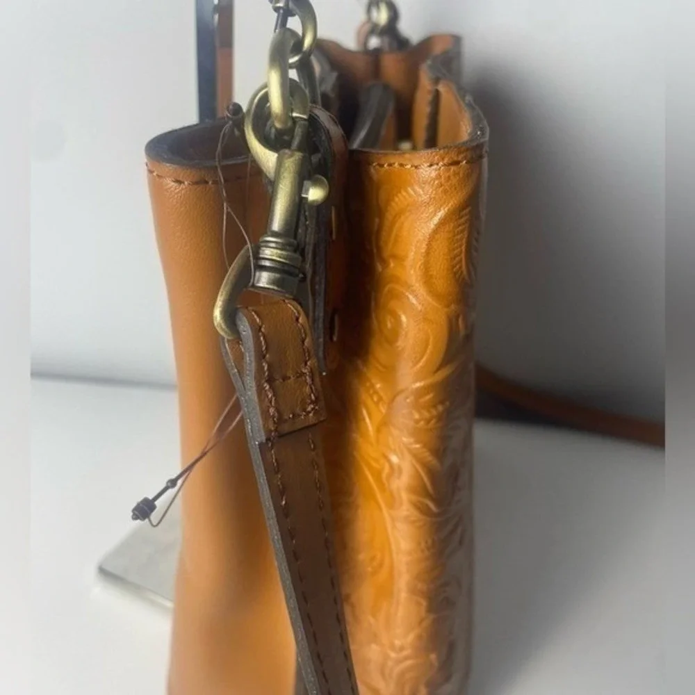 Patricia Nash Tan Tooled Leather Floral Crossbody Bag with Chain Handle